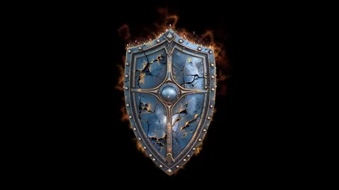 Highly detailed 3D fantasy shield design 07, with worn metal surface, ornate Stock Footage 324839489
