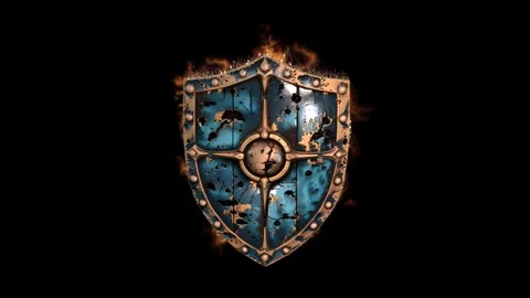 Highly detailed 3D fantasy shield design 01, with worn metal surface, ornate Stock Footage 324839508