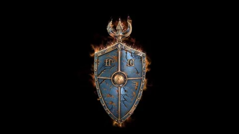 Highly detailed 3D fantasy shield design 02, with worn metal surface, ornate Stock Footage 324839509