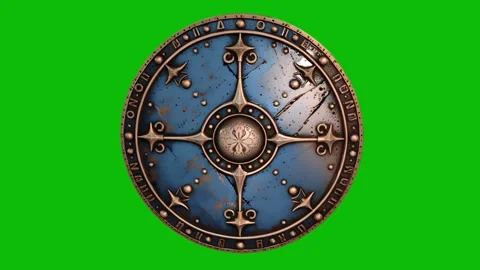 Highly detailed 3D fantasy shield design 06, with worn metal surface, ornate Stock Footage 325365720