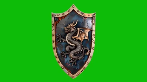 Highly detailed 3D fantasy shield design 09, with worn metal surface, ornate Stock Footage 325365722