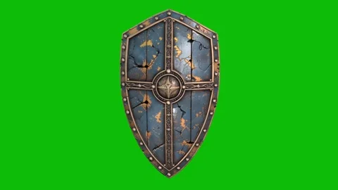 Highly detailed 3D fantasy shield design 05, with worn metal surface, ornate Stock Footage 325365734