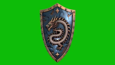 Highly detailed 3D fantasy shield design 08, with worn metal surface, ornate Stock Footage 325365735