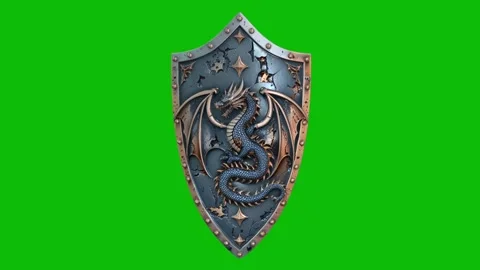 Highly detailed 3D fantasy shield design 10, with worn metal surface, ornate Stock Footage 325366162