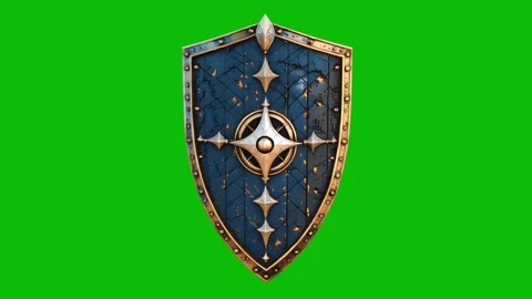 Highly detailed 3D fantasy shield design 04, with worn metal surface, ornate Stock Footage 325366167