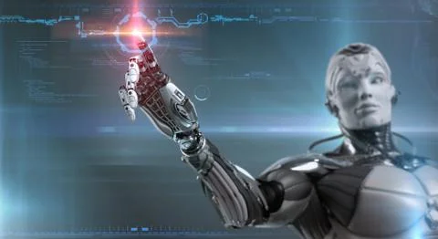 Highly detailed 3d render of robot touching virtual UI user interface, digita Stock Illustration