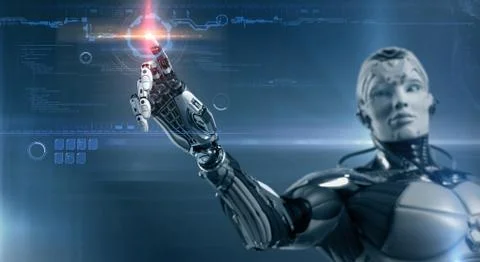 Highly detailed 3d render of robot touching virtual UI user interface, digita Stock Illustration