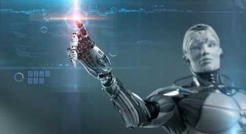 Highly detailed 3d render of robot touching virtual UI user interface, digita 스톡 일러스트