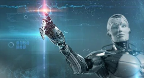 Highly detailed 3d render of robot touching virtual UI user interface, digita Stock Illustration