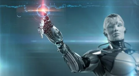 Highly detailed 3d render of robot touching virtual UI user interface, digita Stock Illustration