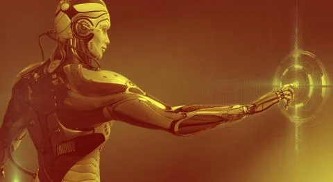 Highly detailed 3d render of robot touching virtual UI user interface, digita Illustrazione stock