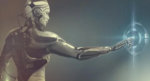 Highly detailed 3d render of robot touching virtual UI user interface, digita Illustrazione stock