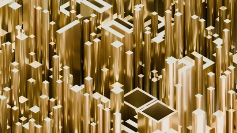 A highly detailed abstract composition featuring glowing gold metallic pillars a Stock Footage 340237641