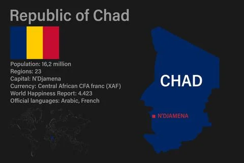 Highly detailed Chad map with flag, capital and small map of the world Illustrazione stock
