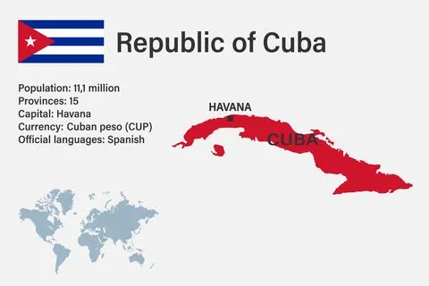 Highly detailed Cuba map with flag, capital and small map of the world Иллюстрация