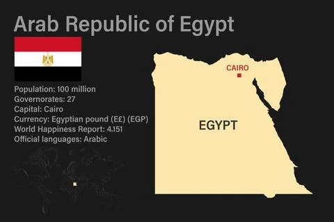 Highly detailed Egypt map with flag, capital and small map of the world 스톡 일러스트