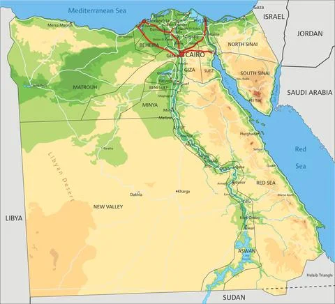 Highly detailed Egypt physical map with labeling. Stock Illustration