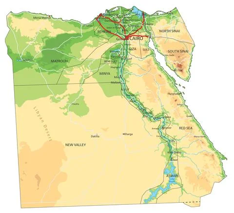 Highly detailed Egypt physical map with labeling. Stock Illustration