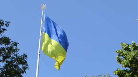Highly detailed fabric texture flag of Ukraine. Slow motion of Ukraine flag Stock Footage 200157985