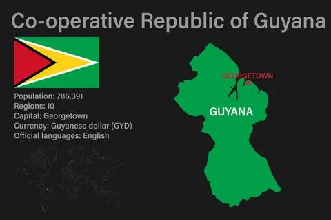 Highly detailed Guyana map with flag, capital and small map of the world Stock-Illustration