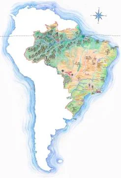 Highly detailed hand-drawn map of brazil within the outline of south america  Illustrazione stock