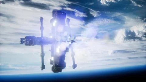 Highly detailed huge spaceship approaching to the Earth. Stock Illustration