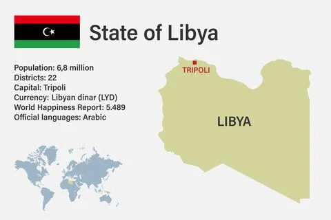Highly detailed Libya map with flag, capital and small map of the world Stock Illustration