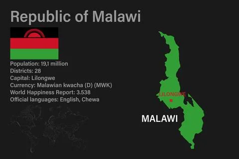 Highly detailed Malawi map with flag, capital and small map of the world Illustrazione stock