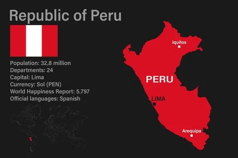 Highly detailed Peru map with flag, capital and small map of the world Stock Illustration