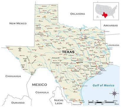 Highly detailed physical map of the US state of Texas Stock Illustration