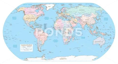 Highly detailed political World map. EPS 10 vector Stock Illustration