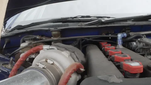 Highly detailed view of engine with tuning elements. Upclose perspective of Stock Footage 336862605