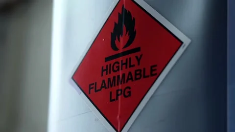 Highly Flammable LPG Warning Sign On Container Stock Footage 196283227