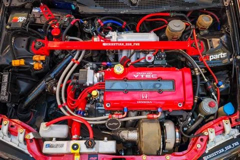 A highly modified Honda DOHC VTEC engine in Targu Mures city - Romania Stock Photos