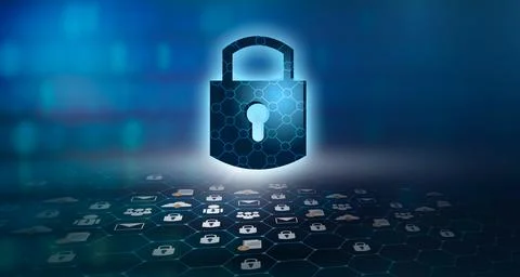 Highly secure IT device protection shield. blue background 写真素材