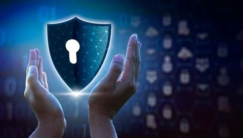 Highly secure IT device protection shield. blue background Stock Photos