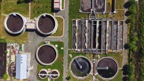 Highresolution satellite image depicting water treatment infrastructure features Stock Footage 337909410