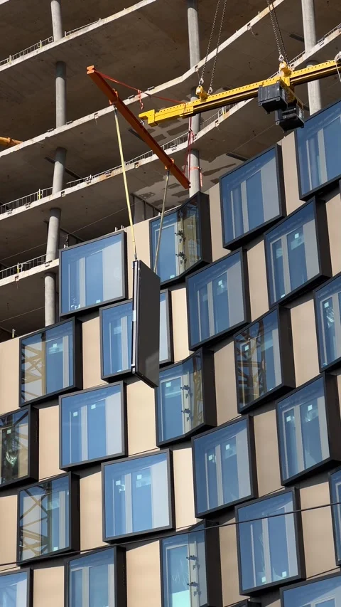 Highrise construction site with glass elements being fitted Stock Footage 284170529