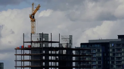 Highrise Construction Workers Assemble beams in Portland Oregon Timelapse Stock Footage 93315812