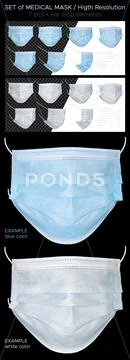 HIGHT RESOLUTION: Set of medical masks of white and blue color with ear loop PSD 模板