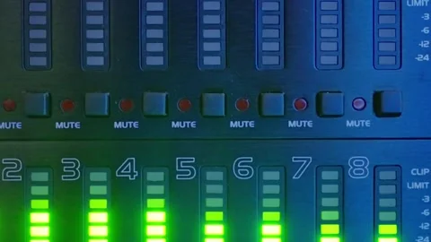 HighTech Audio Mixer Controls with Bright Green LEDs for easy use and visibility Stock Footage 303709025