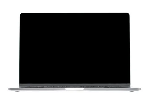 Hightech flat silver luxury notebook computer with lid open showing black s.. 写真素材
