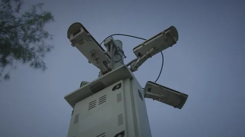 A HighTech Surveillance Tower with multiple cameras for improved security Stock Footage 319903887