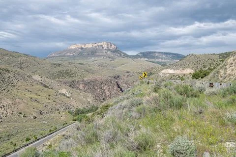 Highway 14 zig zagging through the hills in eastern Wyoming, USA Stock Photos