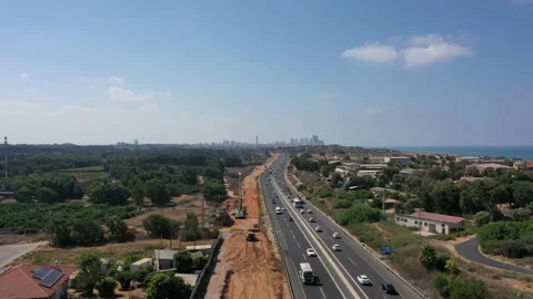 Highway 2 Israel under construction near Beit Herut  Aerial shot SEP2020 Stock Footage 140376568