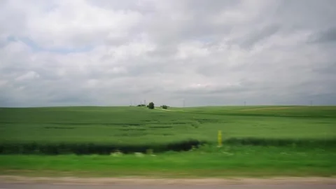 Highway along green meadows fields, cloudy weather in summer, overcast Stock Footage 255635972