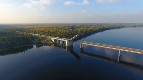 Highway and open bridge over river, aerial view Stock Footage 89879884