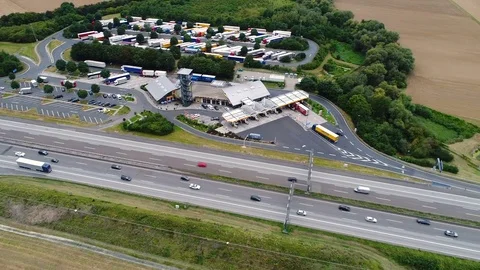 Highway and rest area - aerial view Stock Footage