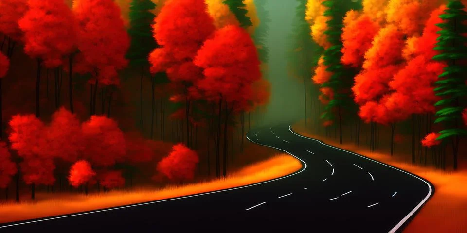 Highway in the autumn forest. Highway road in forest. Autumn forest road. Road Stock Illustration