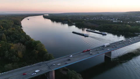 Highway bridge over river and ships Видео 221280060